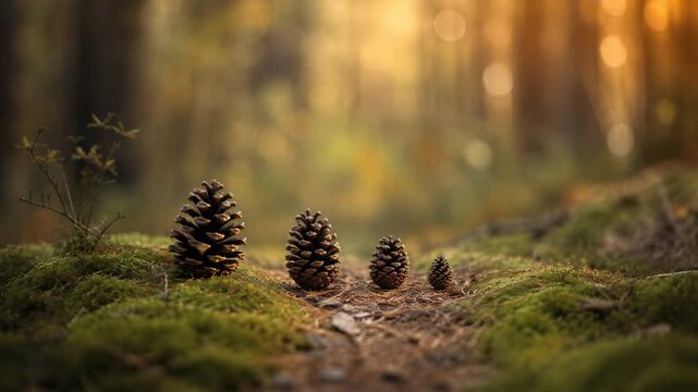 Pinecones arranged along a mossy forest path in autumn. Family nature outing concept. Woodland seasonal nature.