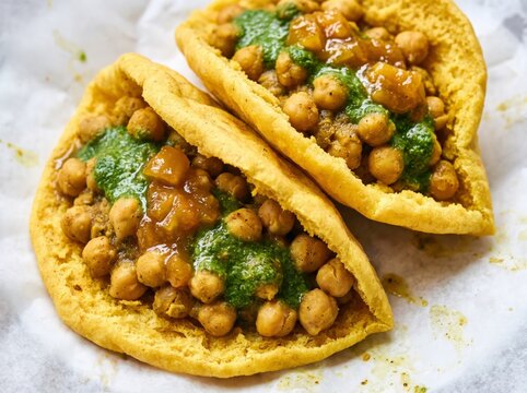 Traditional Trinidadian doubles street food with curried chickpeas and spicy chutney served on paper