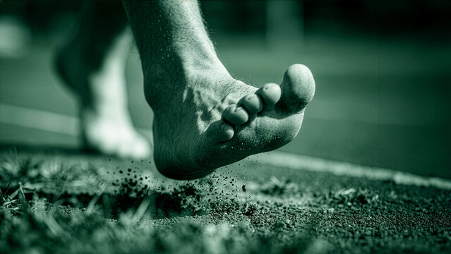 Barefoot person walking on a dirt path