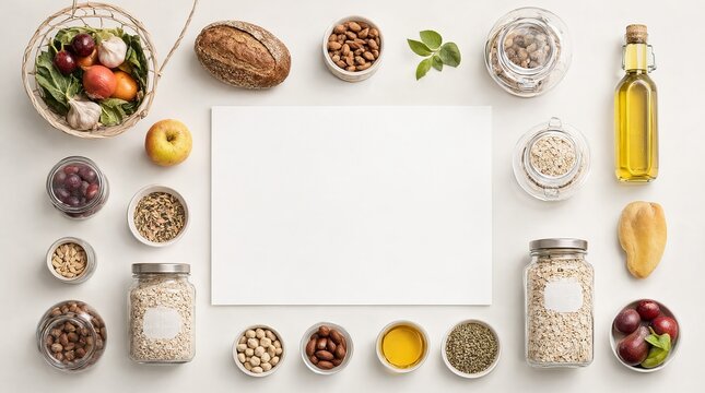 Colorful Healthy Grocery Food Flat Lay Featuring Fresh Produce, Grains, Nuts, and Pantry Items