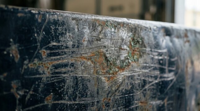 A close up view showcasing a rust texture metal surface on a weathered dark blue vehicle tailgate featuring deep scratches, paint chipping, and weathered industrial decay