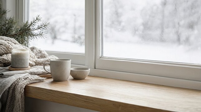Cozy Scandinavian Hygge Window Still Life with Wool Throw and Warm Beverage for Holiday Branding.