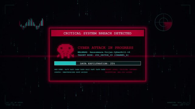 Hacking Animation on Computer Monitor Screen, Cyber Attack Simulation, Hacker Activity, Green Terminal Code, Digital Data Breach, Cybersecurity Threat