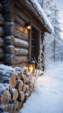 Cozy rustic cabin exterior with glowing lantern and stack of firewood in romantic winter dusk scene.