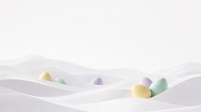 Minimal White Wavy Abstract Papercase Backdrop With Delicately Planted Colorful Pastel Easter Eggs.