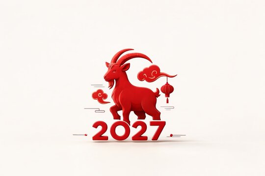 Minimalist Red Goat Emblem with 2027 Numerals for Chinese New Year Celebration on White Background