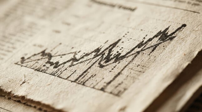 A close up view of an old newspaper page showing a financial chart depicting trading money loss in a rustic setting with warm sepia tones, shallow depth of field, and vintage aesthetic