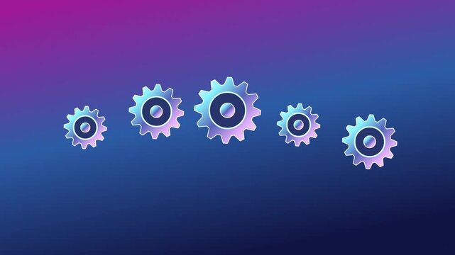 Colorful metallic gears rotating smoothly together against a vibrant blue and purple gradient background
