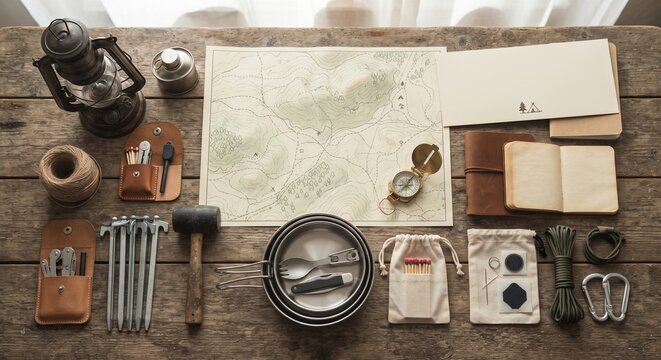Flat lay of hiking and camping gear arranged on rustic wooden table with map and compass.