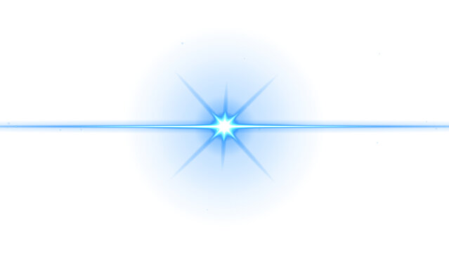 Bright blue light flare and star burst with horizontal beam on a clean isolated white background