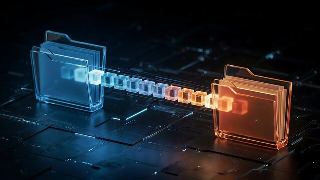 Data migration concept with glowing blue and orange folders transferring digital information cubes across a dark tech circuit board background