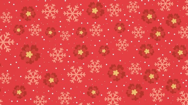 4K retro Christmas loop: vibrant red backdrop featuring a seamless pattern of beige snowflakes, dark red poinsettia blossoms, and gentle falling snow. Ideal festive backdrop for intros and ads.
