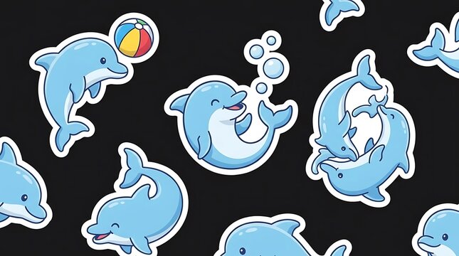 Playful blue dolphin stickers pattern on dark background.