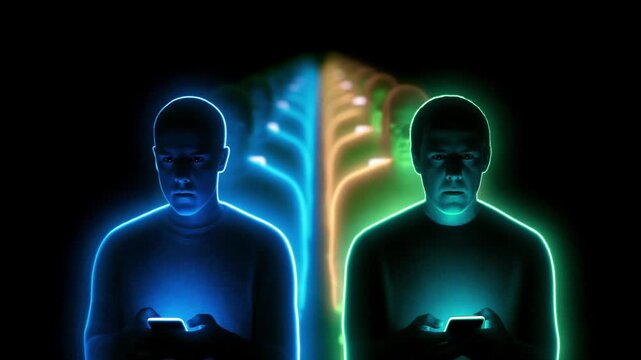 Two men with neon glowing outlines using smartphones on black background. People staring at phones with infinite mirror clones, then turning to face each other. Digital connection and social media