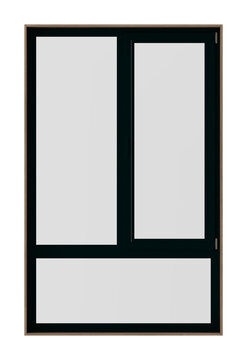 Front view of a modern black-framed window with divided glazing and a wood-tone outer frame