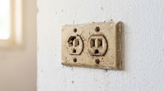 A close up view of an old broken electrical outlet on a white textured wall reminds us that everything is currently unplugged and disconnected from the power grid