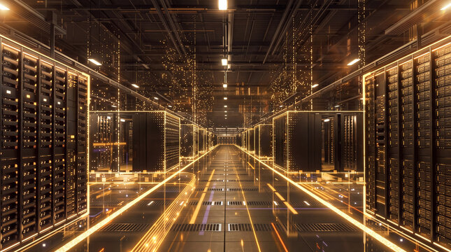 Futuristic Data Center: An expansive, futuristic data center with rows of illuminated server racks stretching into the distance, suggesting advanced technology and massive data storage capabilities.