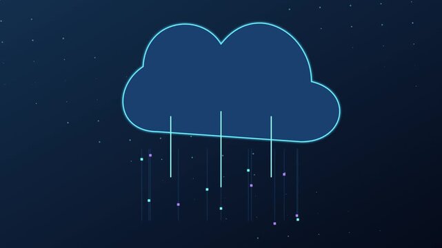 Glowing blue cloud icon processing digital data streams and information flow over dark background