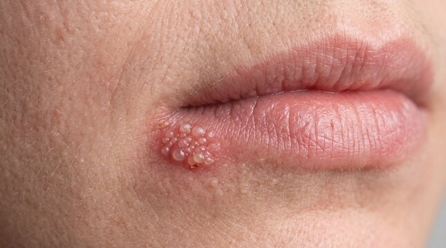 Close up of cold sore blisters herpes labialis on lower lip of human mouth