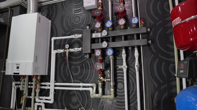 Close up of home heating system manifold with pressure gauges and pumps during slow camera tilt up shot