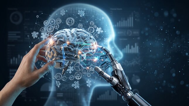 Human hand and robotic hand connecting to a glowing human brain hologram surrounded by digital data and circuit patterns, illustrating mind and tech