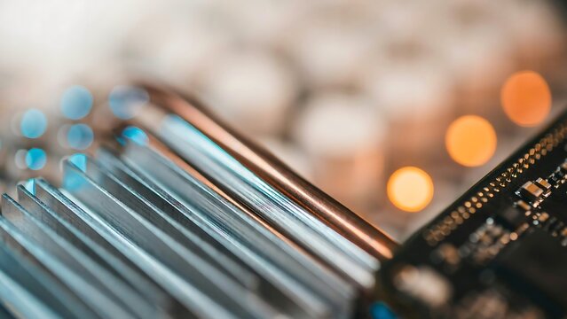 Macro of a computer cooling system with copper pipes and aluminum fins, featuring a blurred background, with warm and, cool light bokeh