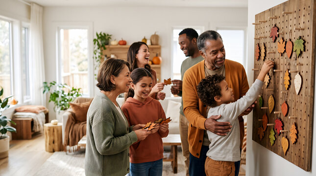 Diverse family enjoying Thanksgiving interactive gratitude wall activity hanging wooden leaves together in warm cozy living room setting. Perfect for autumn family holiday concept.