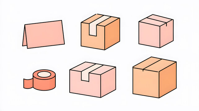 Tiny small business packaging clipart, thank you cards, tape, shipping boxes, pastel aesthetic.