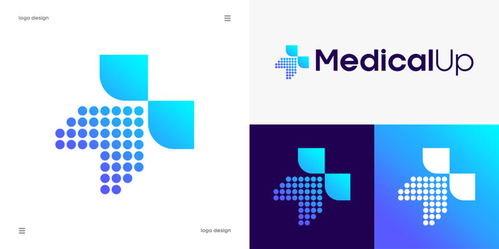 medical up logo design, healthcare technology, clinical progress, medical data analytics and pharmacy growth concept, cross symbol with halftone dots arrow, vector icon
