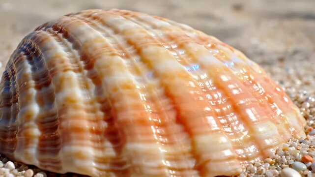 Macro shot of seashell on sand. Close-up of textured marine shell on beach. Summer vacation concept