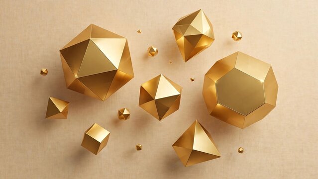 Golden geometric shapes on beige background, luxury metallic polyhedrons, abstract 3D gold elements for design, minimalist mathematical solids