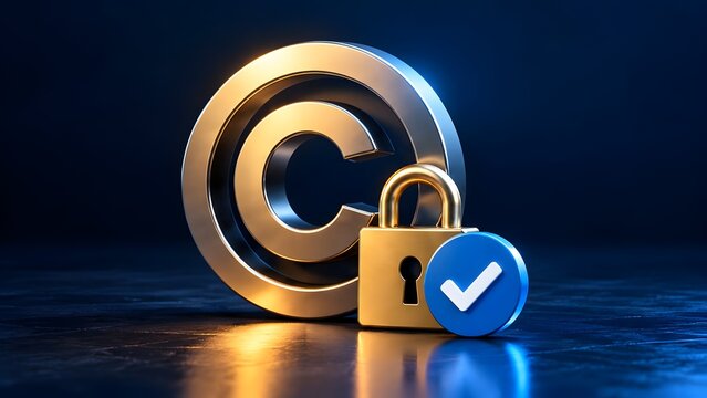 Copyright symbol with a golden padlock and a blue checkmark representing intellectual property protection and security
