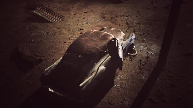 An old classic car sits abandoned in a barren area, its faded paint and rust reflecting years of neglect. Surrounding rocks and dry grass complete the desolate scene at dusk.