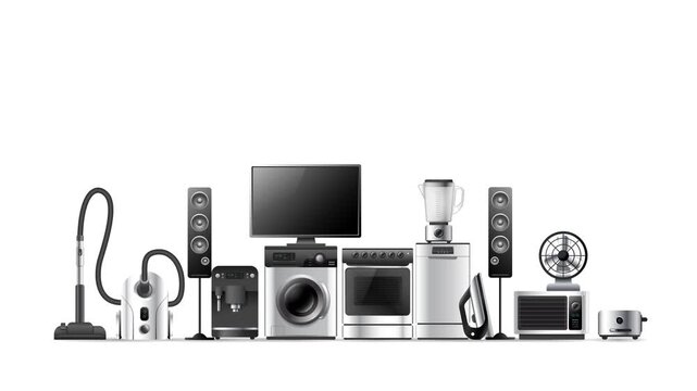 3d silver metallic home appliances set falling from above. Kitchen and household electronics group appearing and standing on white background for online store promotion or sale advertisement