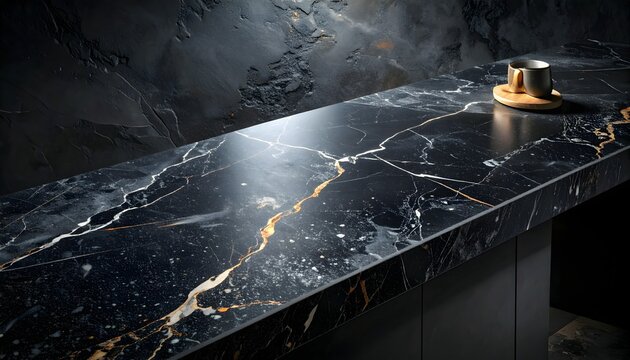Elegant Black Marble Countertop with Gold Veins and a Coffee Mug