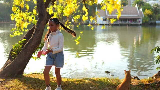 Young Girl Feeding Fish by Park Lake in Thailand