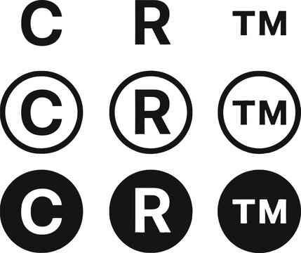 Black legal symbols including copyright registered and trademark signs in various styles for brand protection.
