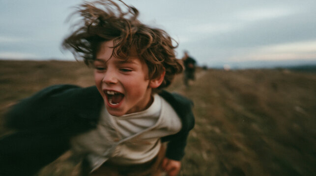Excited Boy Running Outdoors Across Open Field