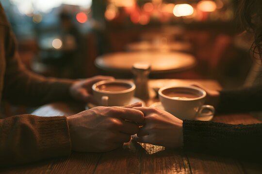 温かいカフェで手を取り合う冬のデート