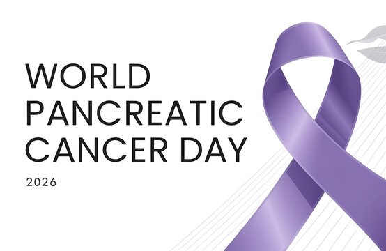 World pancreatic cancer day purple ribbon campaign banner with awareness health medical cause disease support charity event graphic research