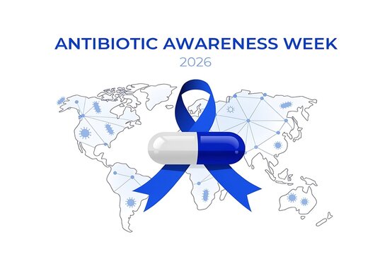 Antibiotic awareness week concept with blue capsule pill and ribbon over world map medicine healthcare pharmacy treatment infection prevention resistance