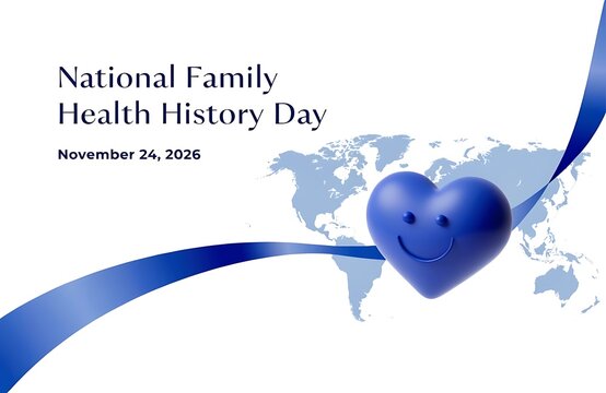 Smiling blue heart icon with world map graphic for family health awareness face history medical healthcare conceptual genetics wellness background illustration