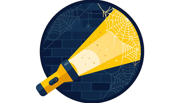 A yellow flashlight illuminating dusty spiderwebs against a dark brick wall