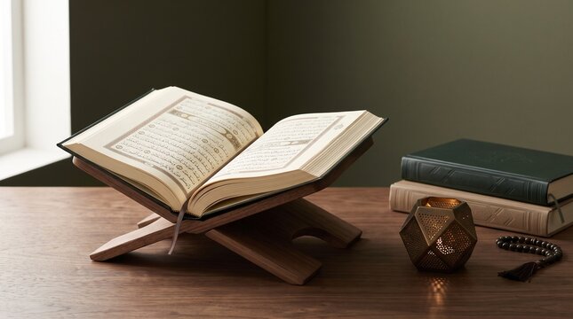 Modern Minimalist Islamic Concept with Open Quran on Wooden Rehal and Misbaha