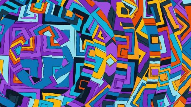 Abstract mosaic corridors ripple through a trippy 3D animation glowing with deep purple, cobalt blue and saffron hues, evoking mysterious journeys for event openers