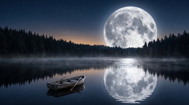 Gigantic full moon rising behind a calm forest lake with a tiny rowboat, surreal oversized moon night scene