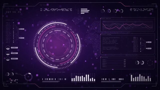 Violet dashboard animation, rotating ring reticle on the left with line charts, data tables and bar graphs on the right, purple HUD, seamless loop