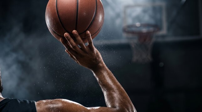 Close up of sweaty basketball player hand holding ball ready to shoot with hoop in dark background