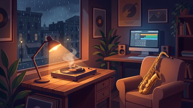 Cozy lo-fi flat vector illustration of a vintage cafe corner with a saxophone and coffee on a rainy day