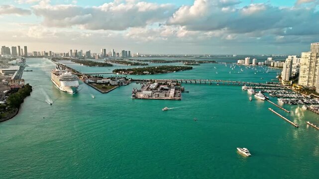 December 13, 2025 - Miami Beach, Florida: Aerial view Cruise ship Allure of the seas sailing next to Miami South Beach. . Allure of the seas is Royal Caribbean cruise ship sailing near South Beach